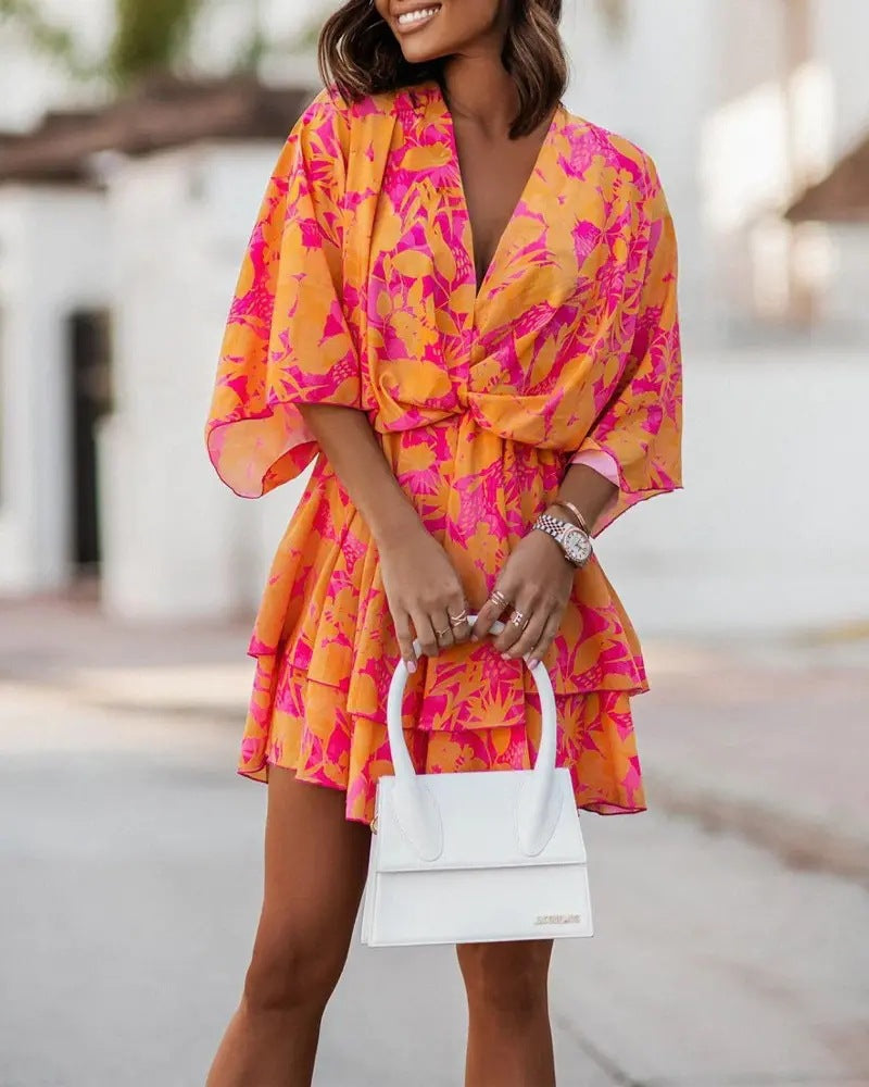 Vestido informal bohemio con cuello en V y mangas dolman para mujer