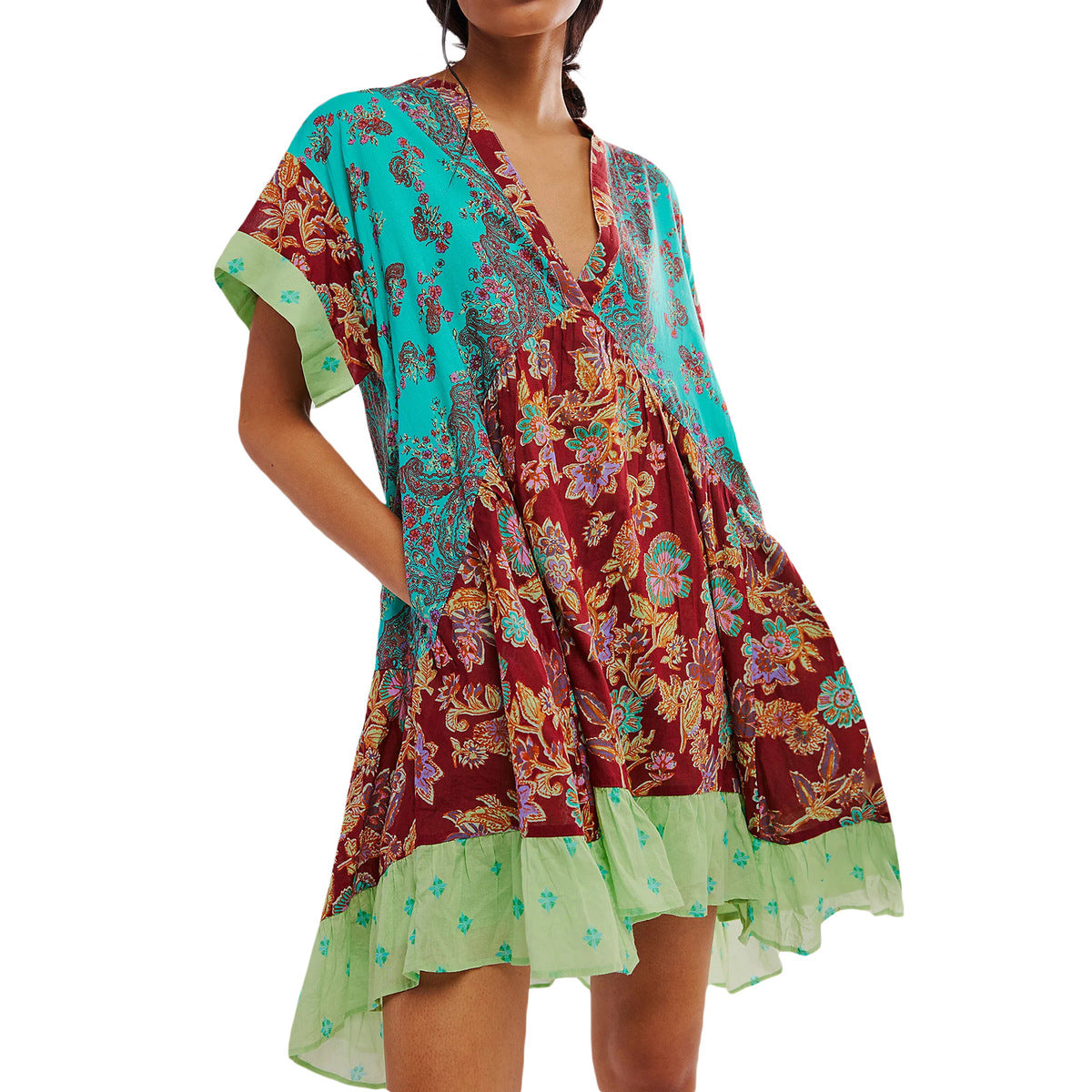 Women Fashion Casual Boho Multicolor Printed Stripe V-Neck Dress