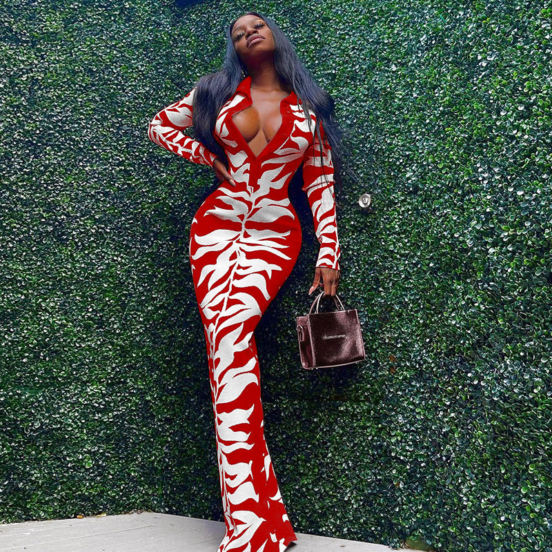 Women Fashion Sexy Printed Lapel-Breasted Dress