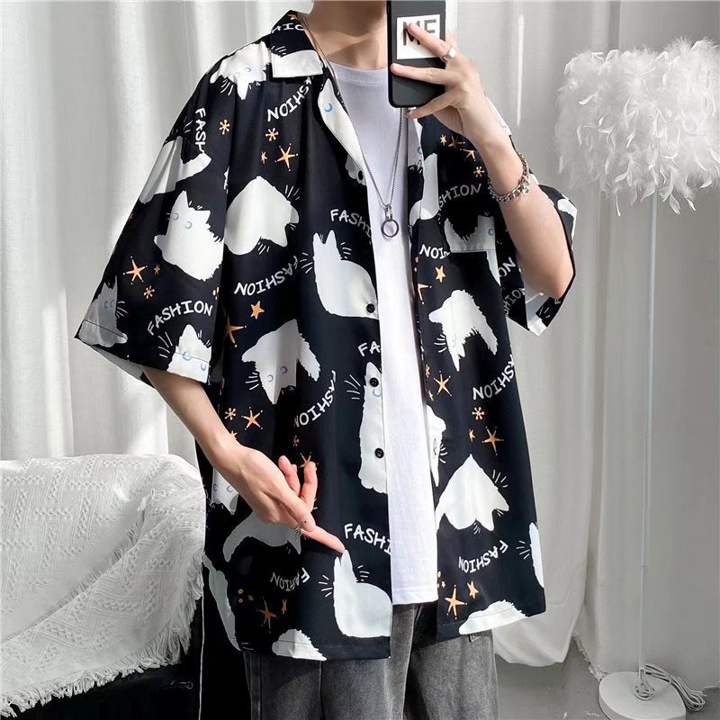 Camisa informal vintage con estampado de flores diminutas para hombre
