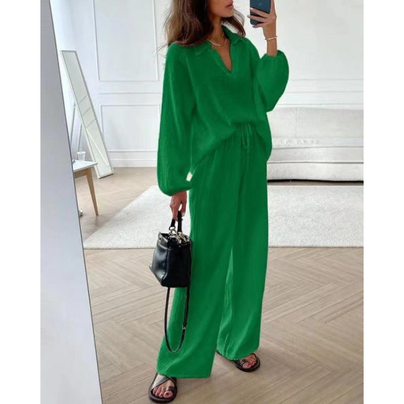 Ensemble deux pièces à col en V et couleur unie pour femme