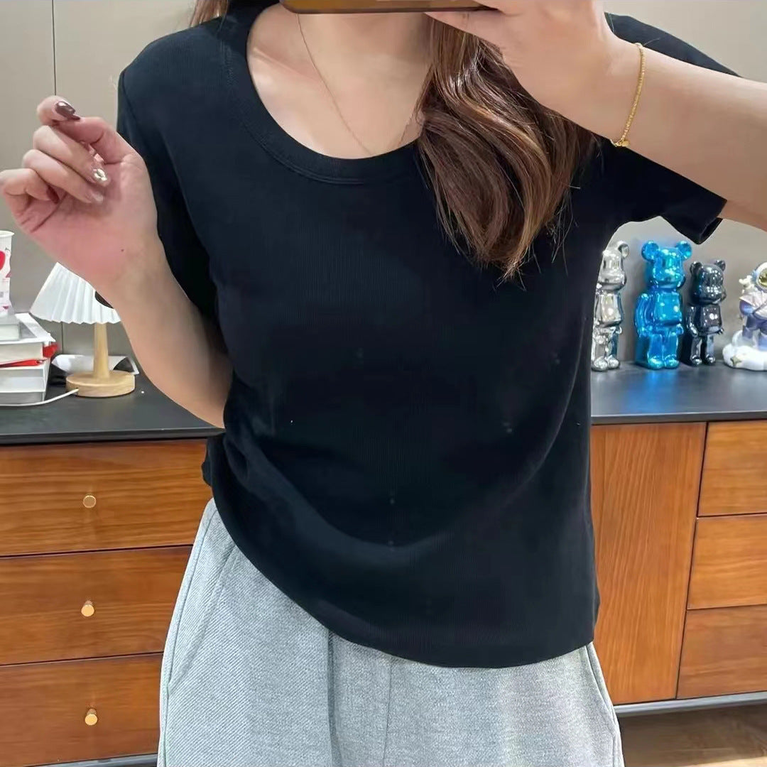Fashion Basic Women Solid Color Rib-Knit Short Sleeve Blank T-Shirt