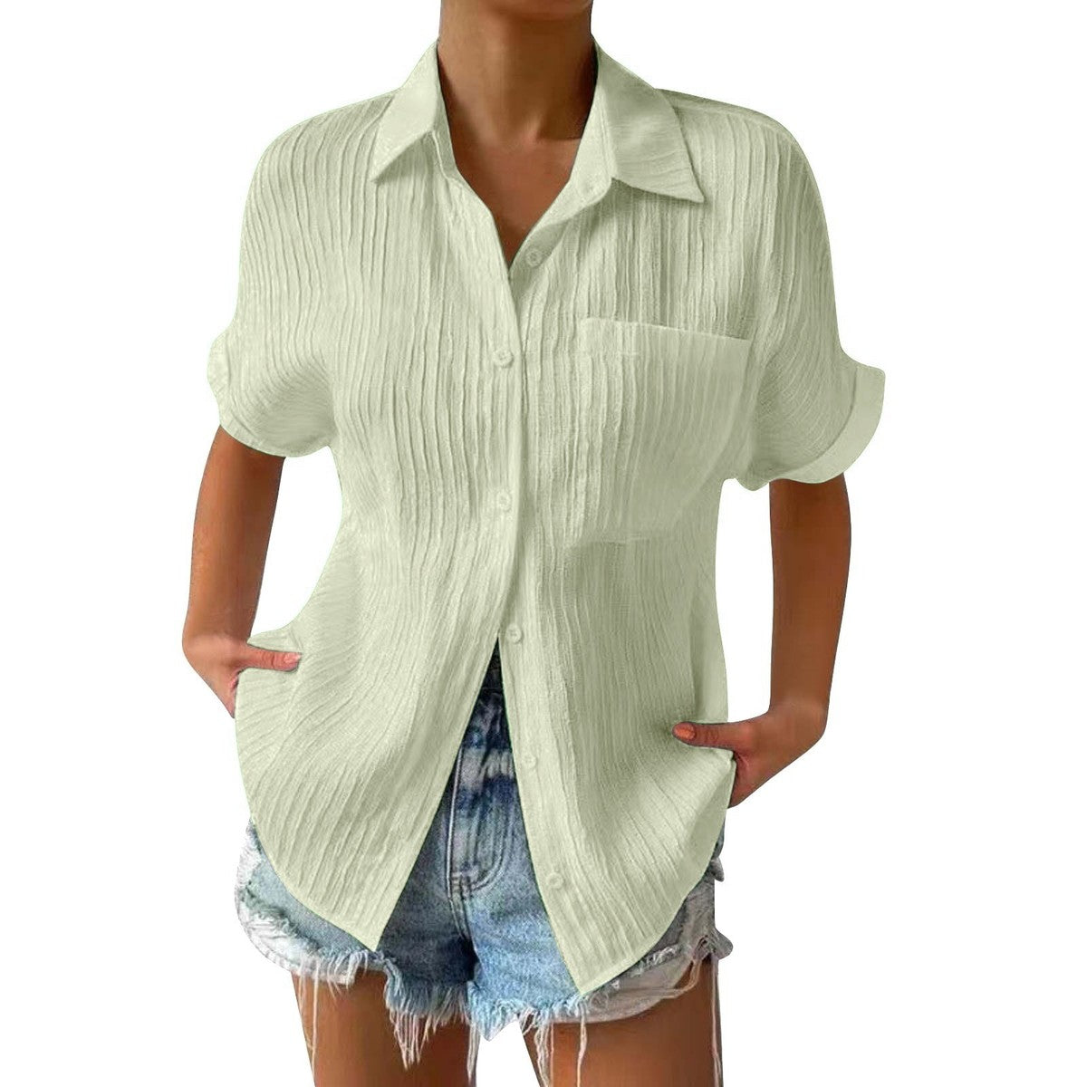 Women Casual Solid Color Cotton Blend Blouse