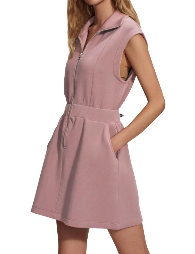 Women Casual Solid Color Sleeveless Dress with Lapel Zipper Pockets