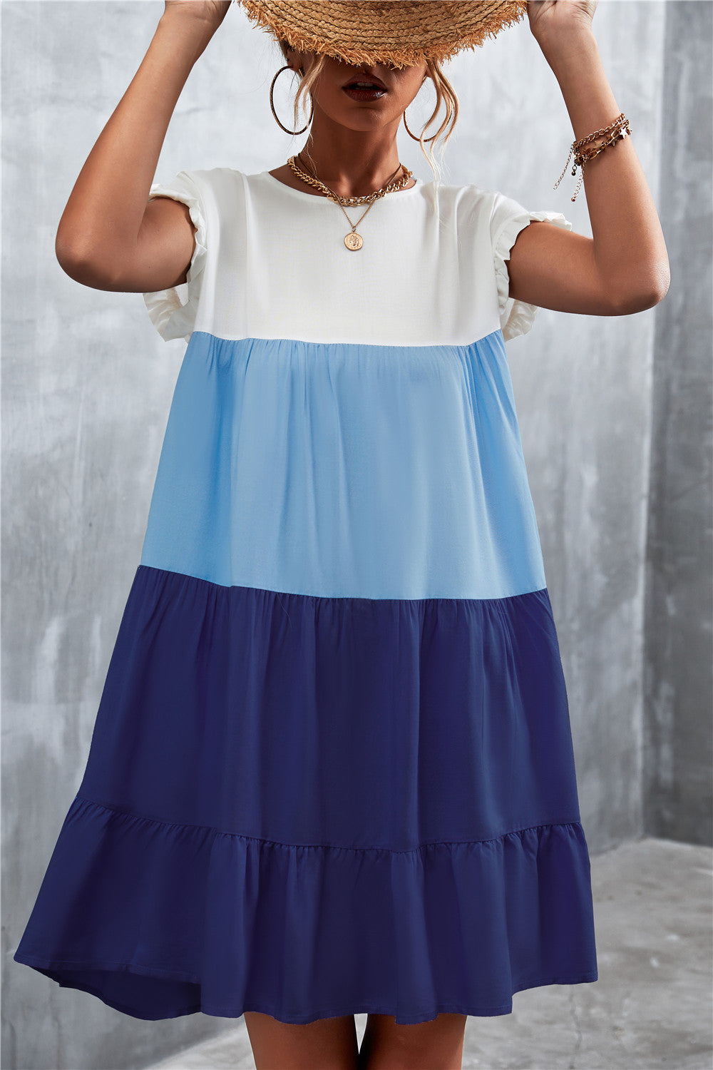 Women Bohemian Summer Short Sleeves Color Blocking Ruffled Dress