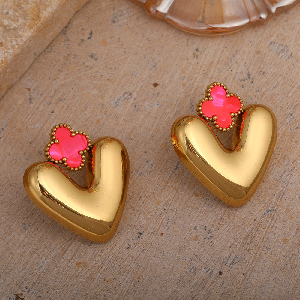 Personalized Heart-Shaped Four-Leaf Clover Earrings Stainless Steel Fashion OL