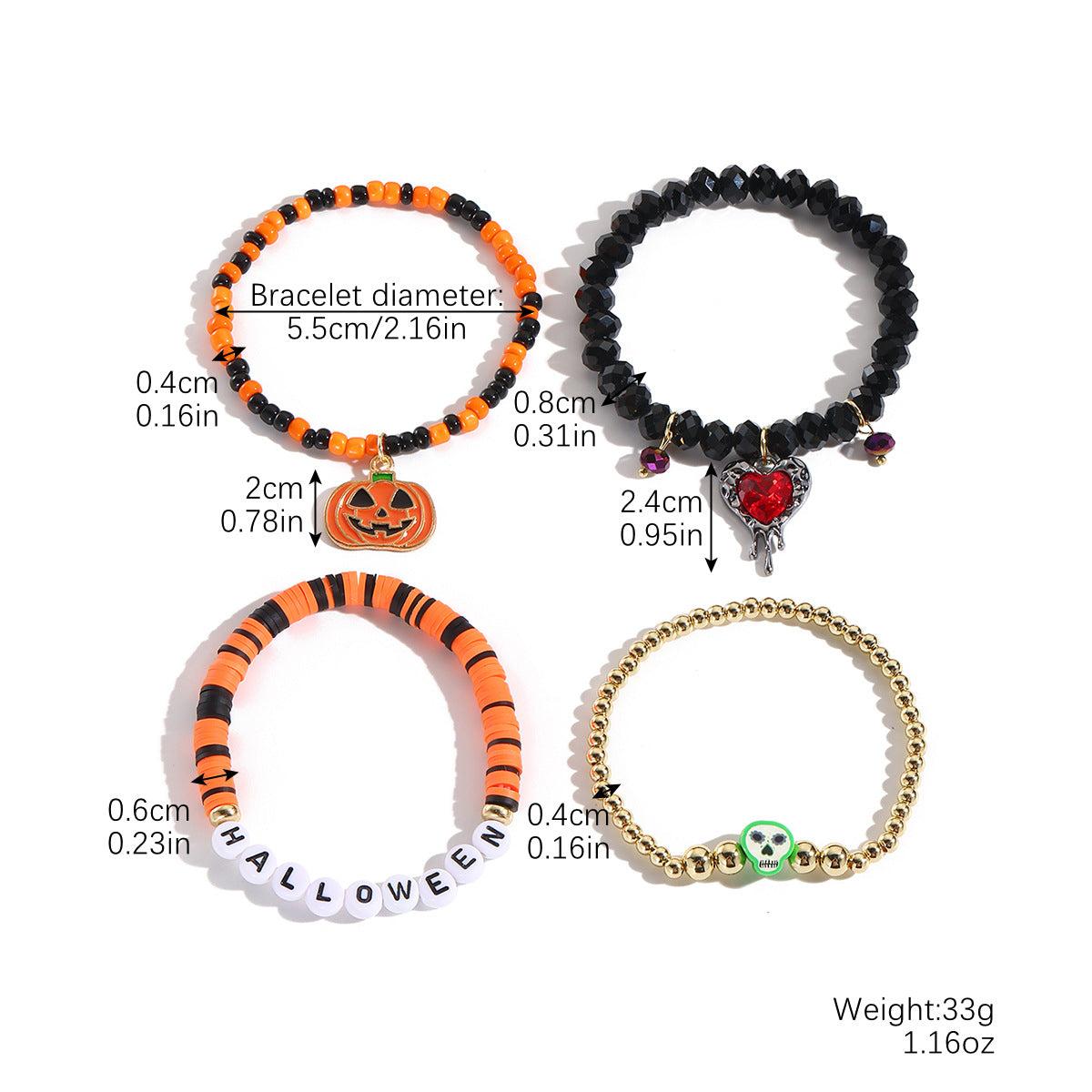 Pulsera de cuentas de calabaza y esqueleto de cerámica blanda para Halloween