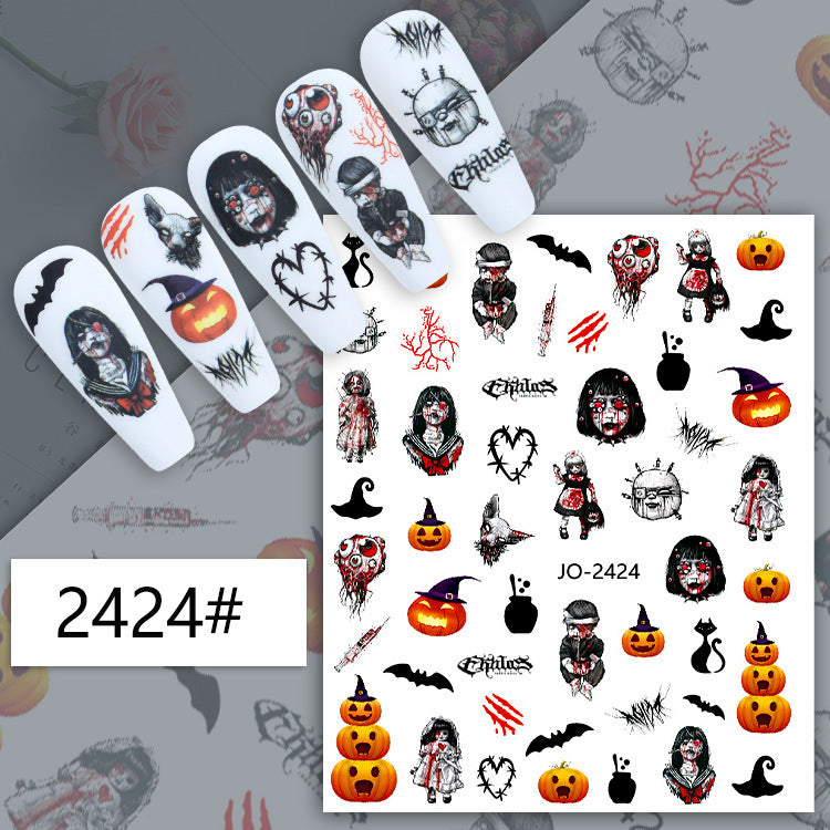 Autocollants pour ongles Halloween, motif crâne, citrouille, chat noir