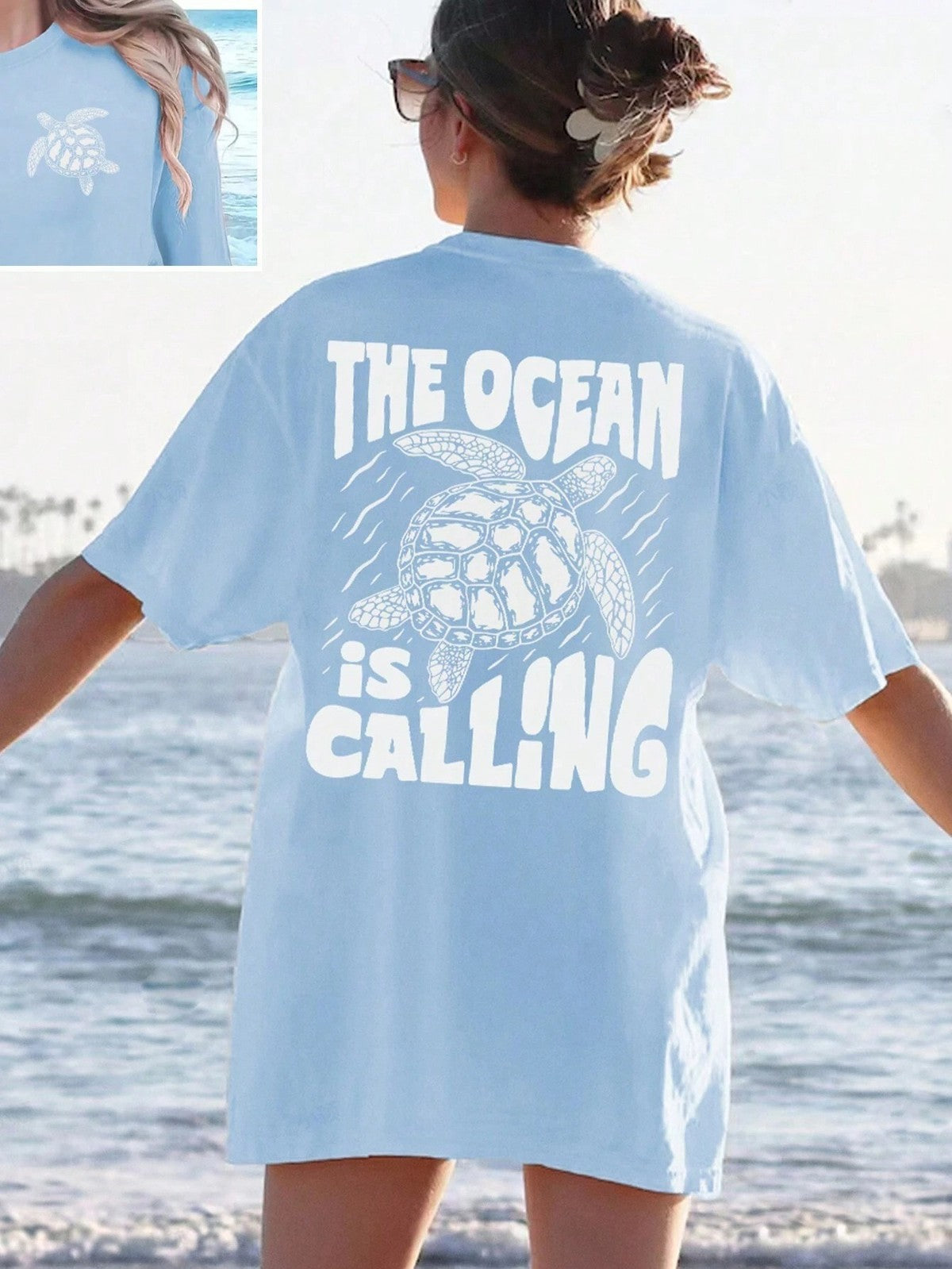 T-shirt décontracté en coton imprimé lettres et tortues pour femme