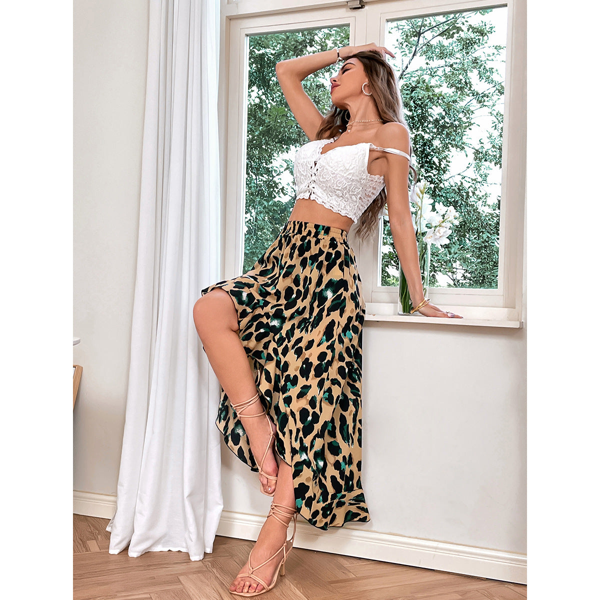 Women Fashion Leopard Print Irregular Hem Skirt