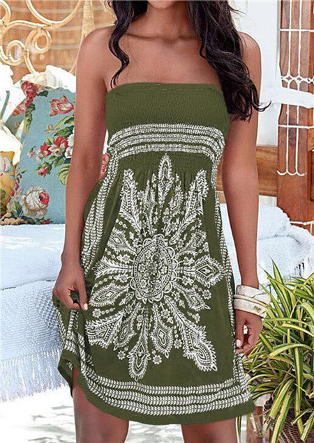 Women Casual Vintage Strapless Summer Loose High Waist Bohemian Beach Dress