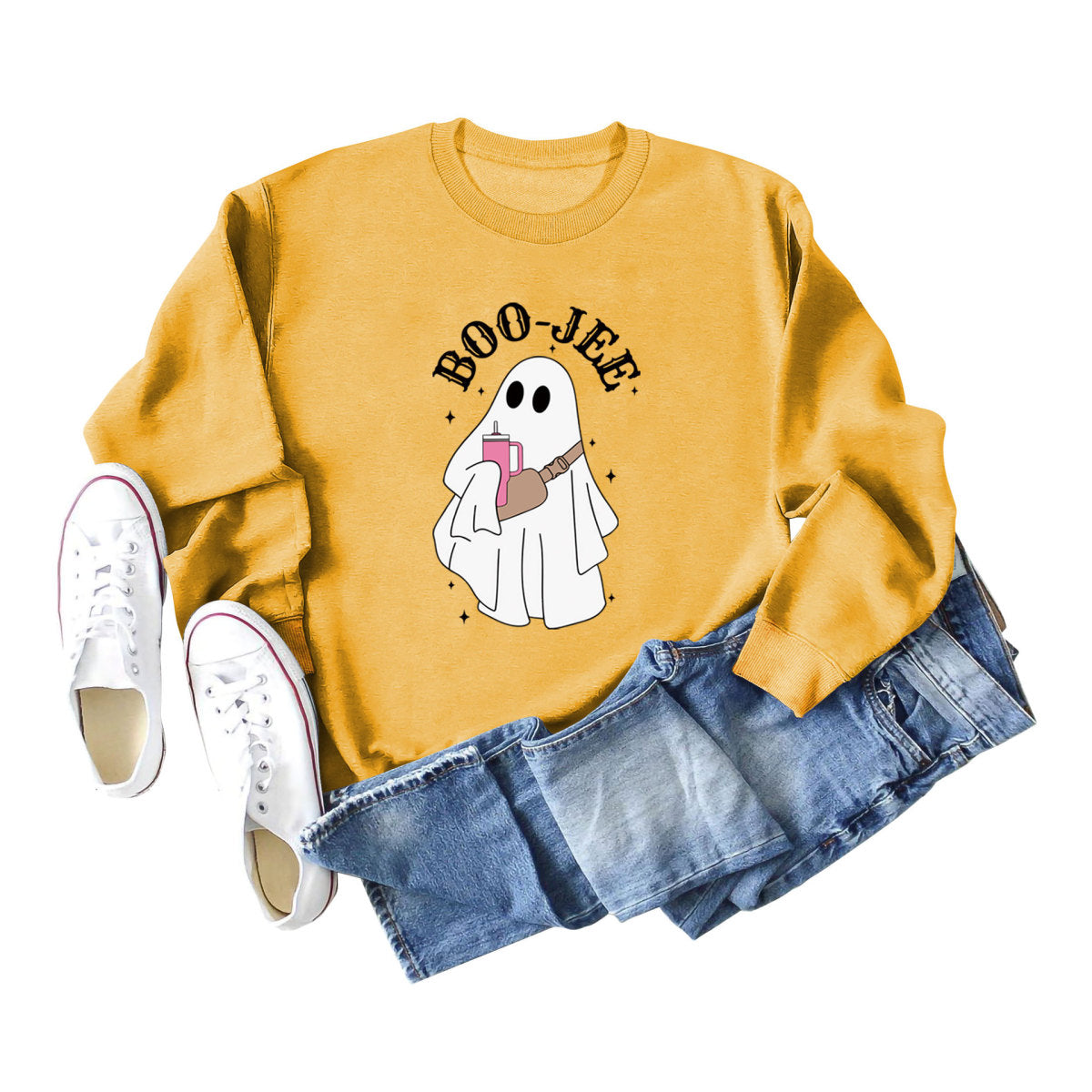 Sweat-shirt ras du cou imprimé fantôme de dessin animé pour femme Halloween