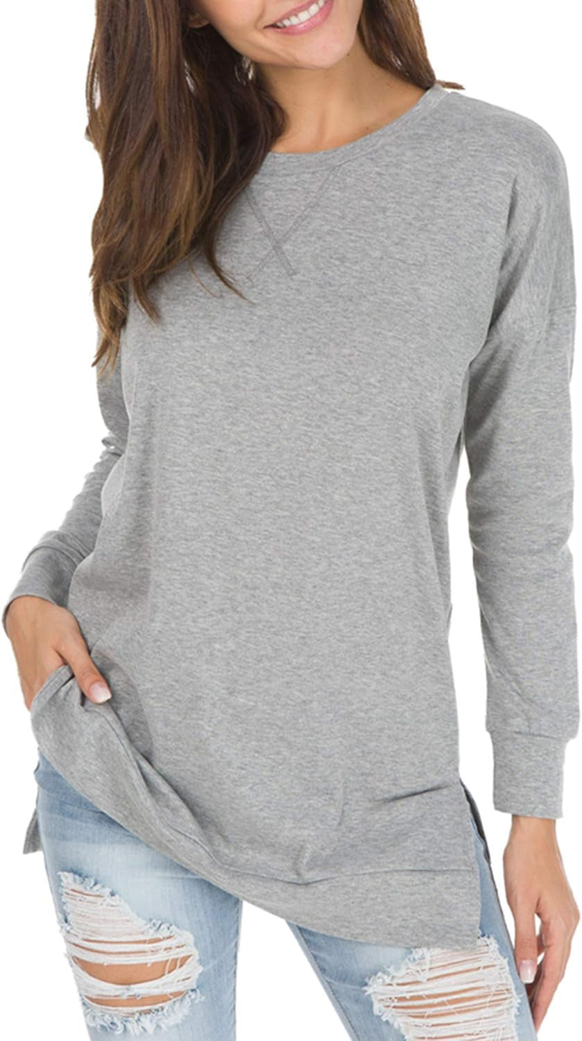 Women Simple Solid Color Round Neck Long Sleeve Blank T-Shirt