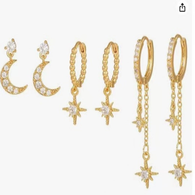 Conjunto de pendientes con borlas y cadena de luna y estrella de circonita para mujer