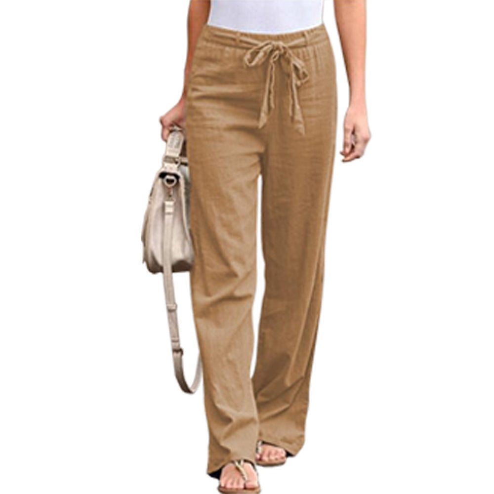Women Solid Color Linen High Waist Lace Up Wide Leg Pants
