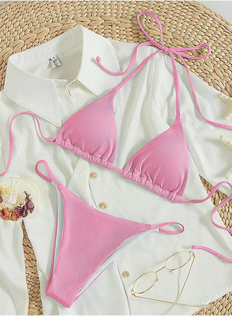 Maillot de bain bikini dos nu sexy et simple de couleur unie pour femmes