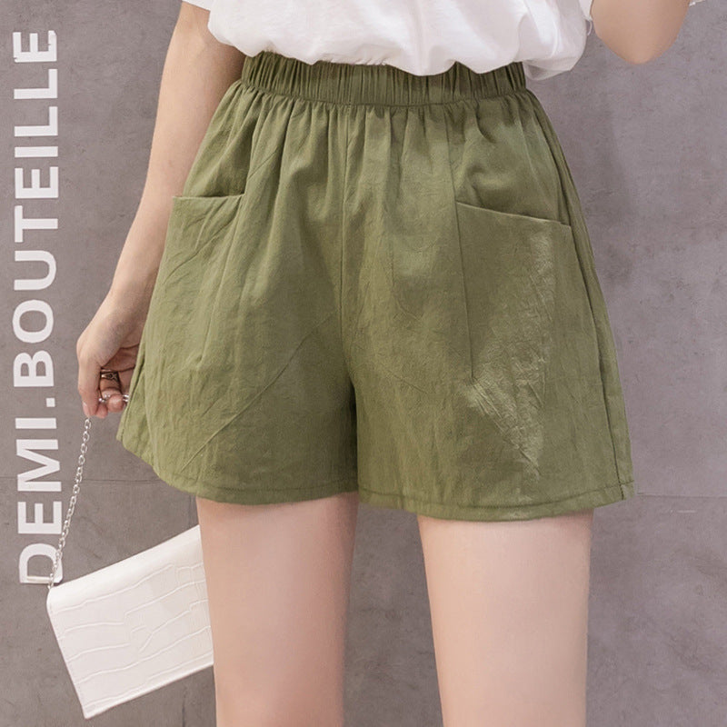 Pantalones cortos casuales de lino y algodón de color liso a la moda para mujer
