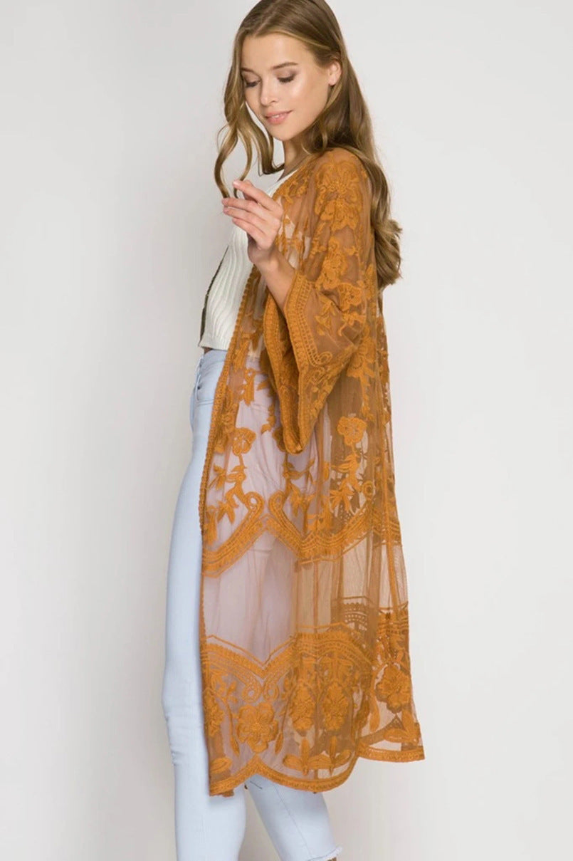 Women Casual Vacation Lace Mesh Long-Sleeve Cover-Up