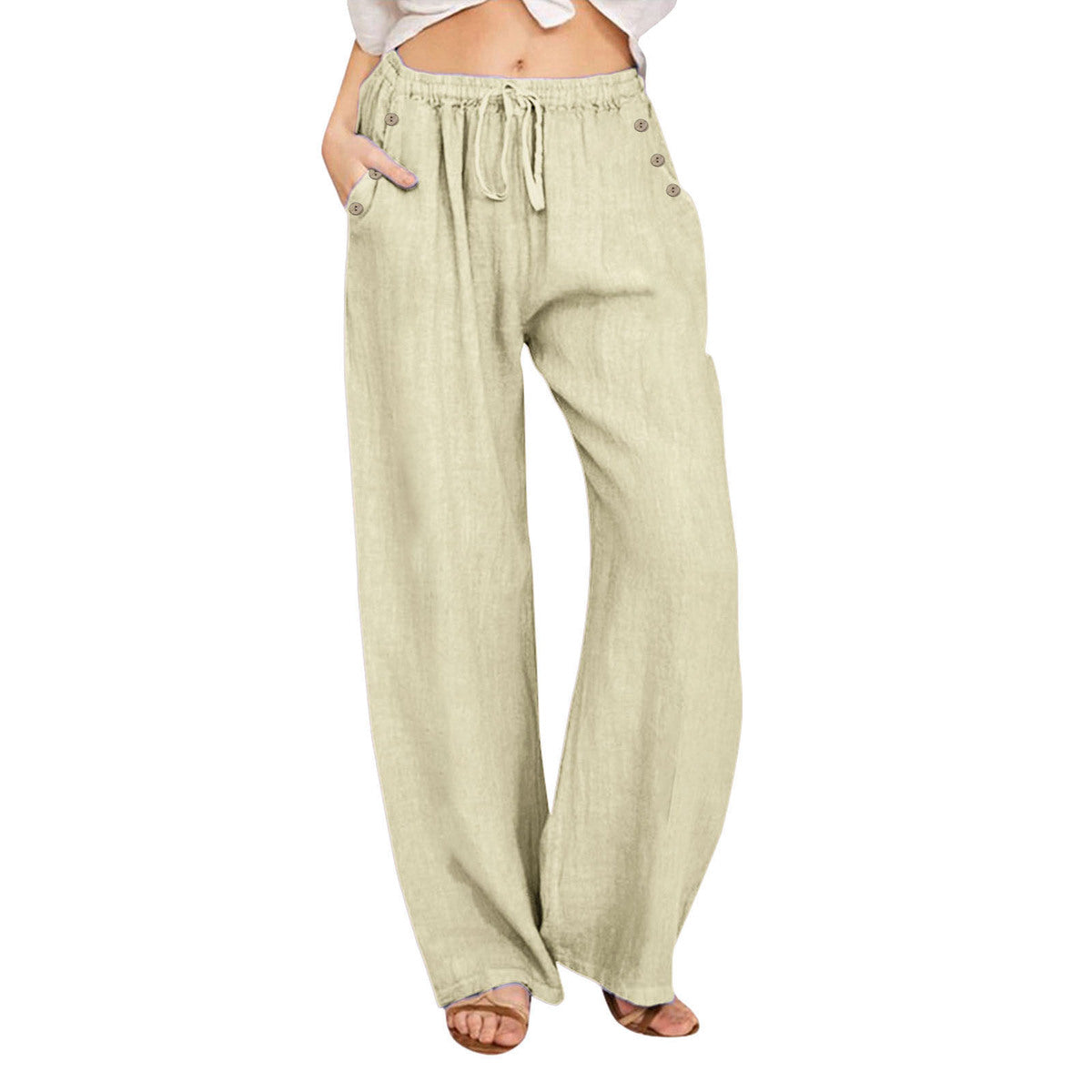 Pantalon décontracté en coton et lin de couleur unie pour femme