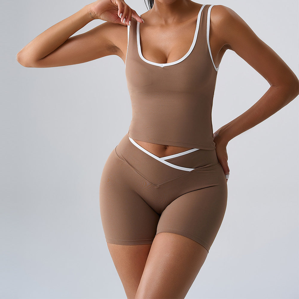 Ensemble deux pièces décontracté pour femme, débardeur contrasté et short taille haute - Yoga dos nu
