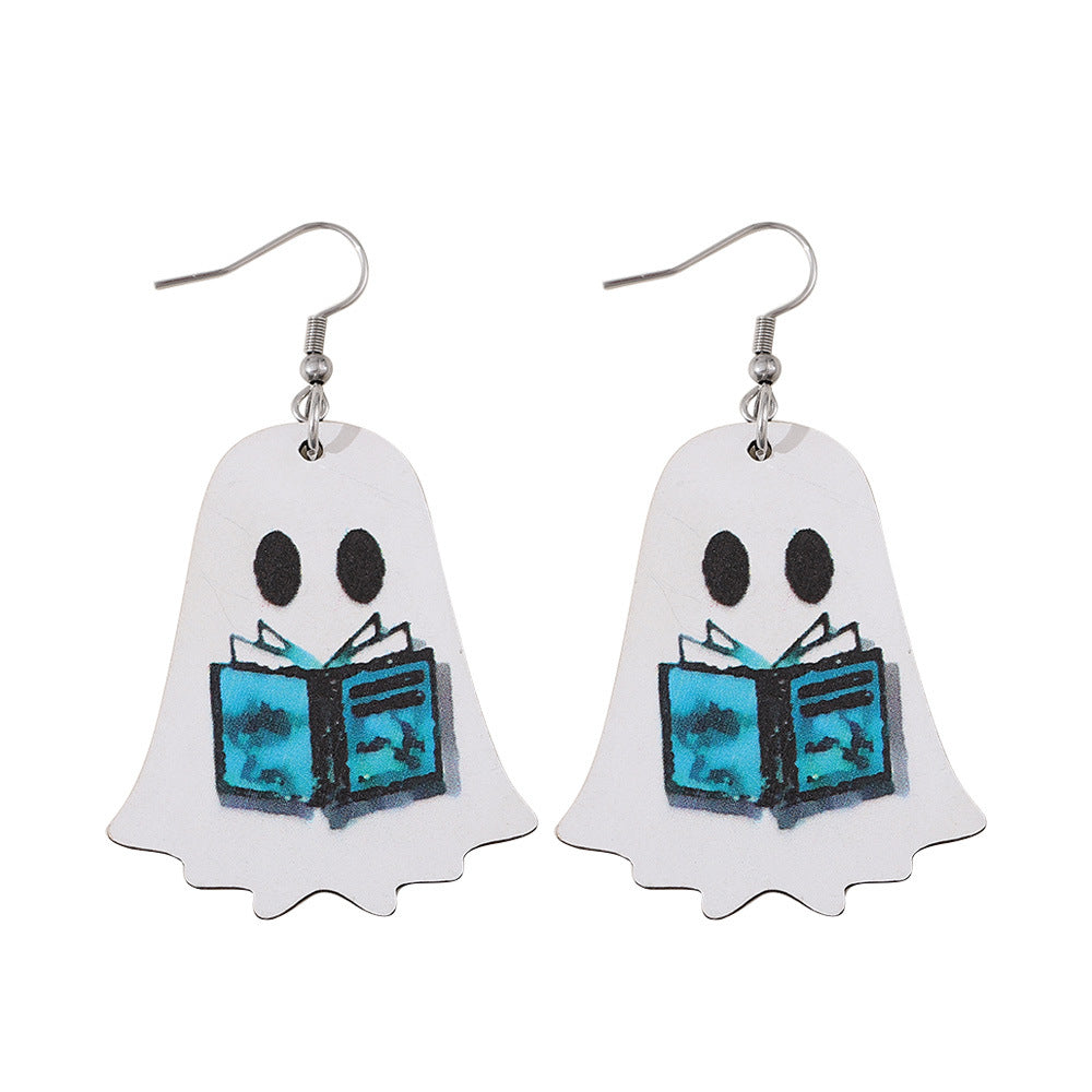 Halloween Women Double-Sided Wooden Earrings with Cartoon Creatures