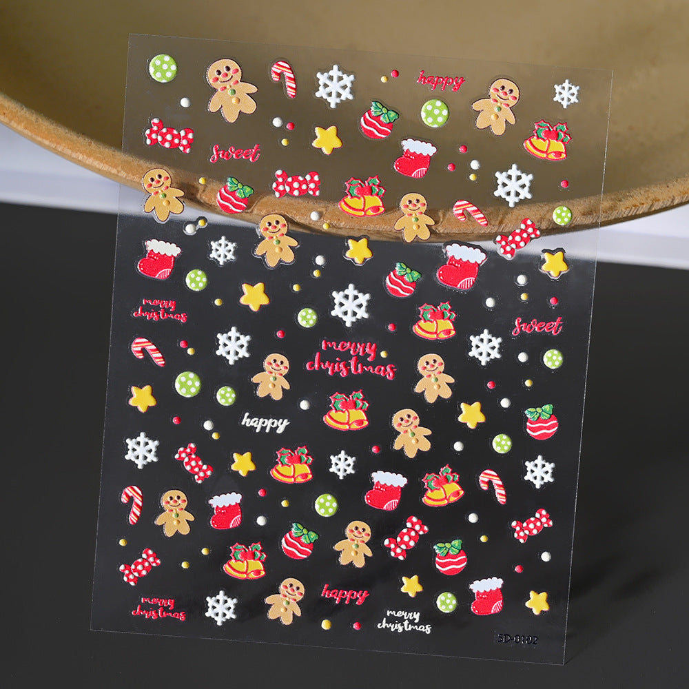 Pegatinas para uñas con relieve navideño de Papá Noel, muñeco de nieve y copos de nieve