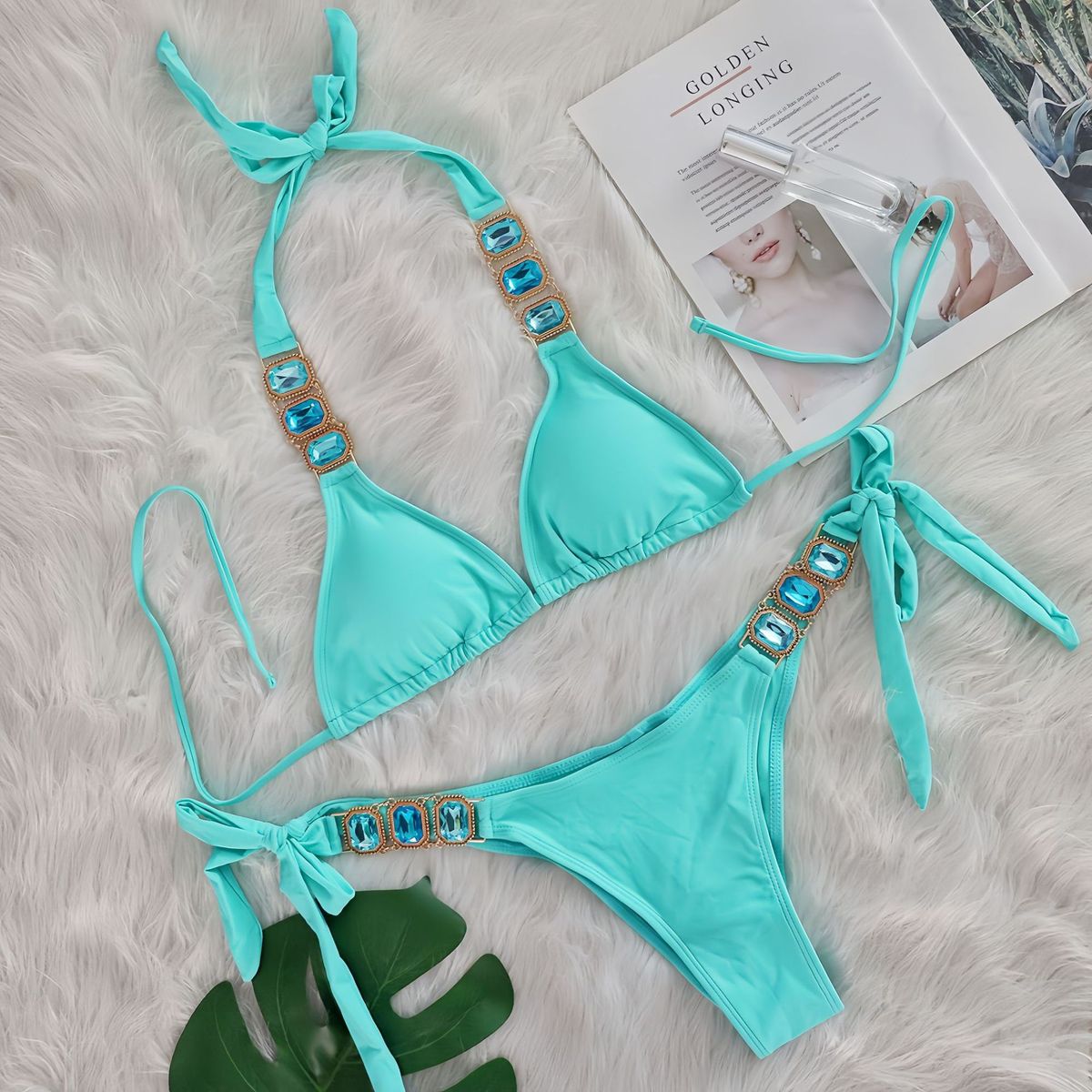 Bikini sexy con tirantes de diamantes de imitación de color sólido para mujer