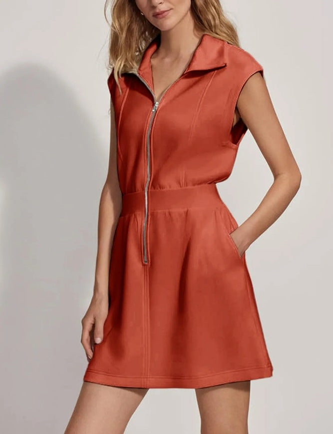 Women Casual Solid Color Sleeveless Dress with Lapel Zipper Pockets