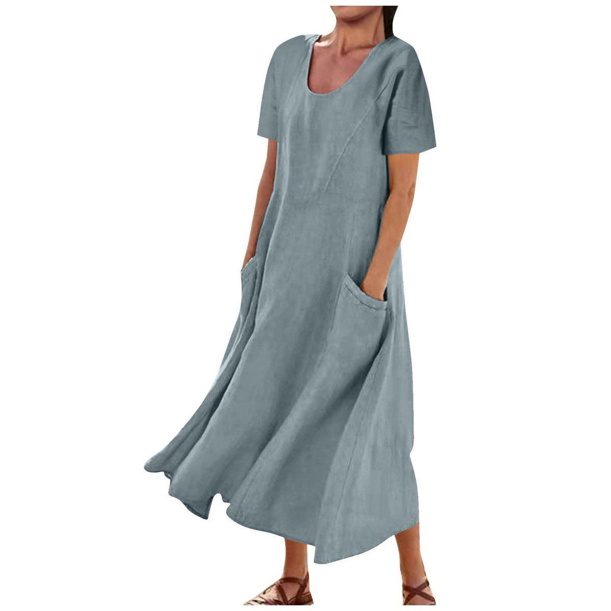 Vestido casual de lino y algodón de color liso para mujer