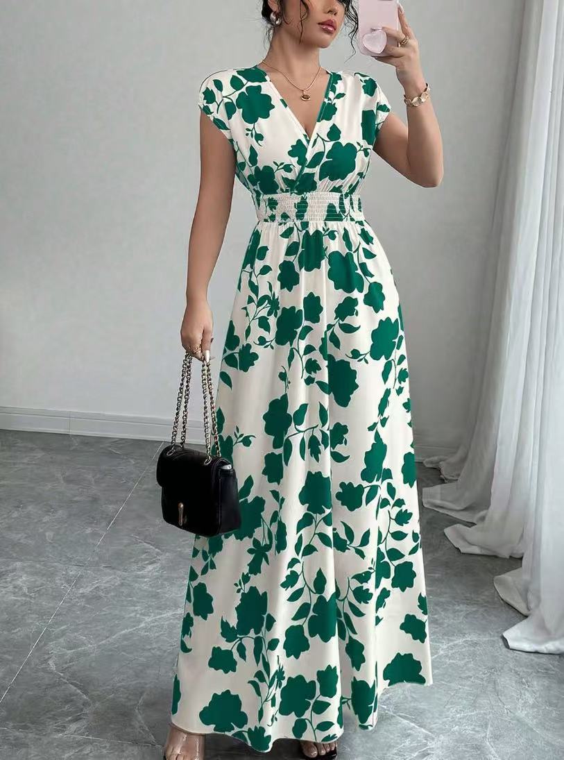 Women Fashion Elegant Floral Printed V-Neck Dress