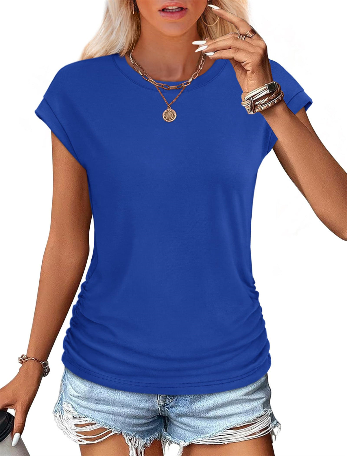 Camiseta informal de manga corta de algodón y seda de color liso para mujer