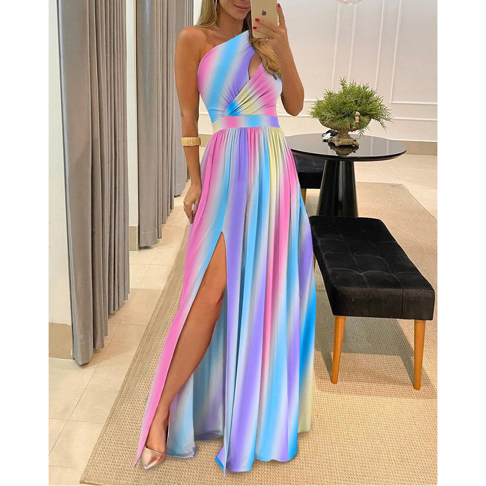 Women Fashion Sexy Slant Shoulder Hollow-Out Sleeveless High Waist Dress