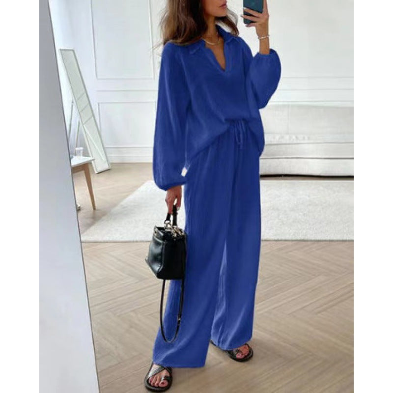Ensemble deux pièces à col en V et couleur unie pour femme