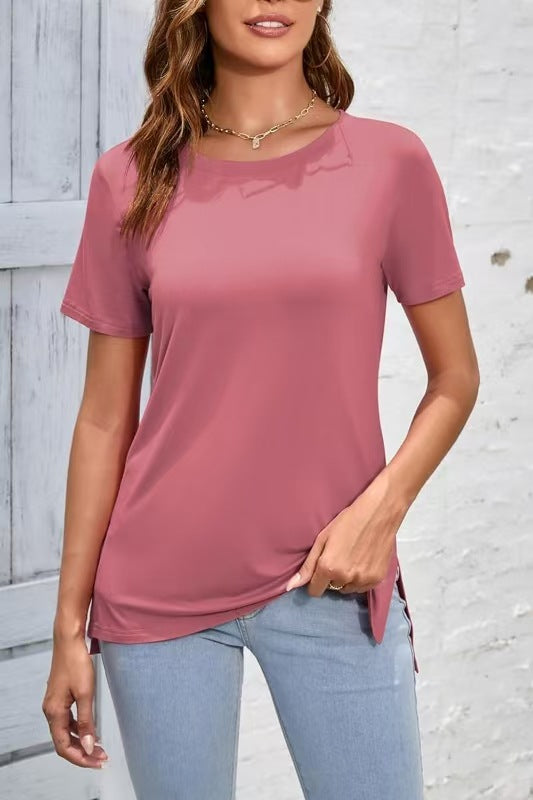 Camiseta sencilla de manga corta con cuello redondo y color liso para mujer