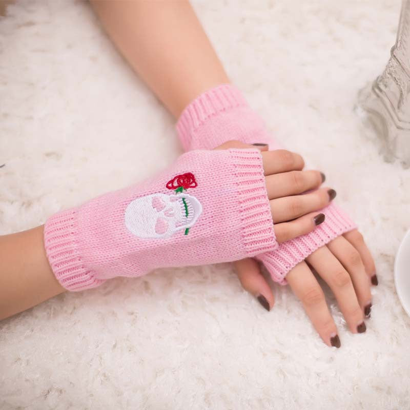 Halloween Autumn Winter Wool Embroidered Skull Gloves