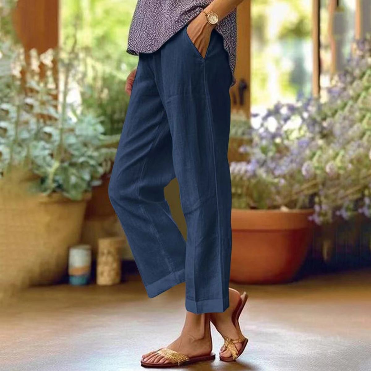 Pantalones casuales de lino y algodón de color liso a la moda para mujer