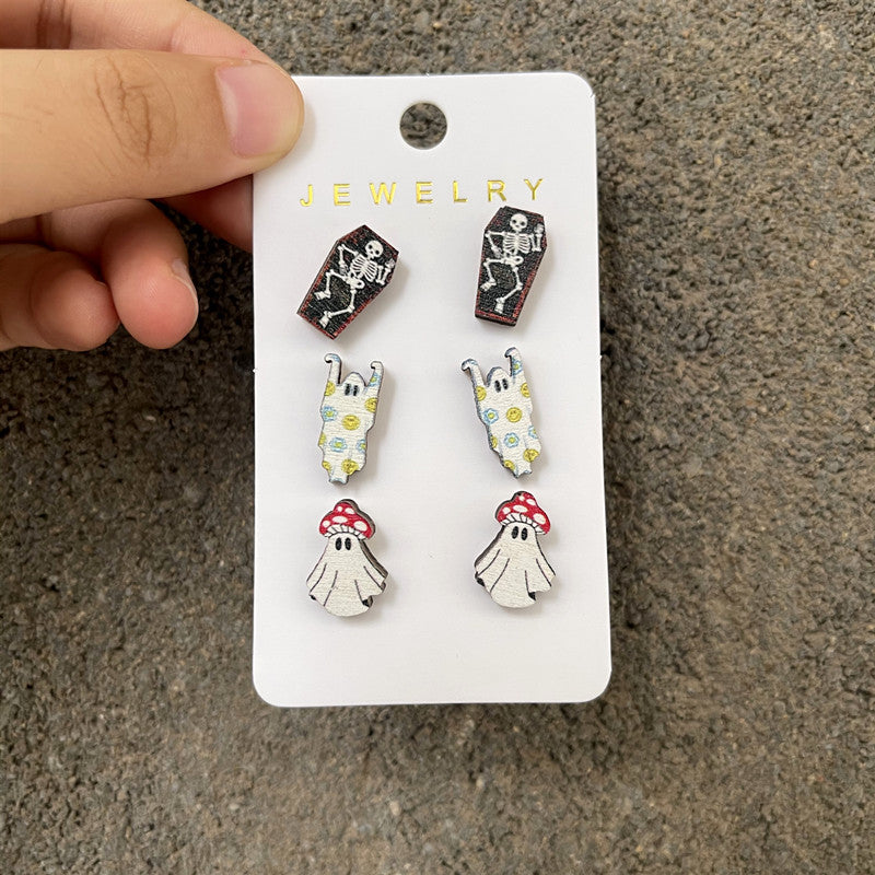 Halloween Women Wooden Earrings Set with Pumpkins Bats Ghosts