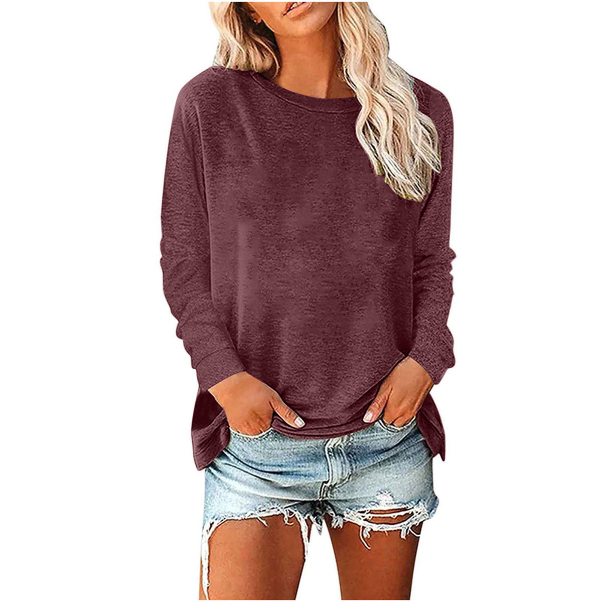 T-shirt ample à manches longues et col rond pour femme
