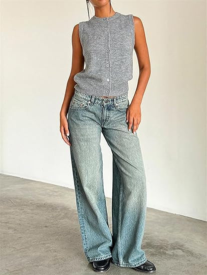 Vaqueros rectos de cintura baja de color liso retro casual para mujer