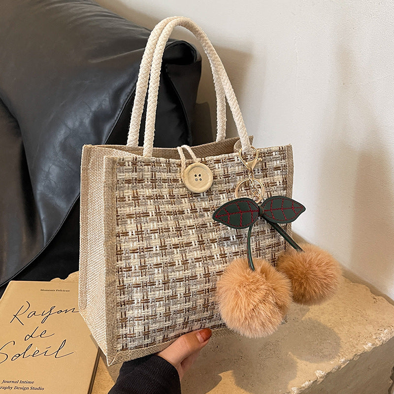 Women Fashion Casual Color Block Cherry Pendant Tote Bag