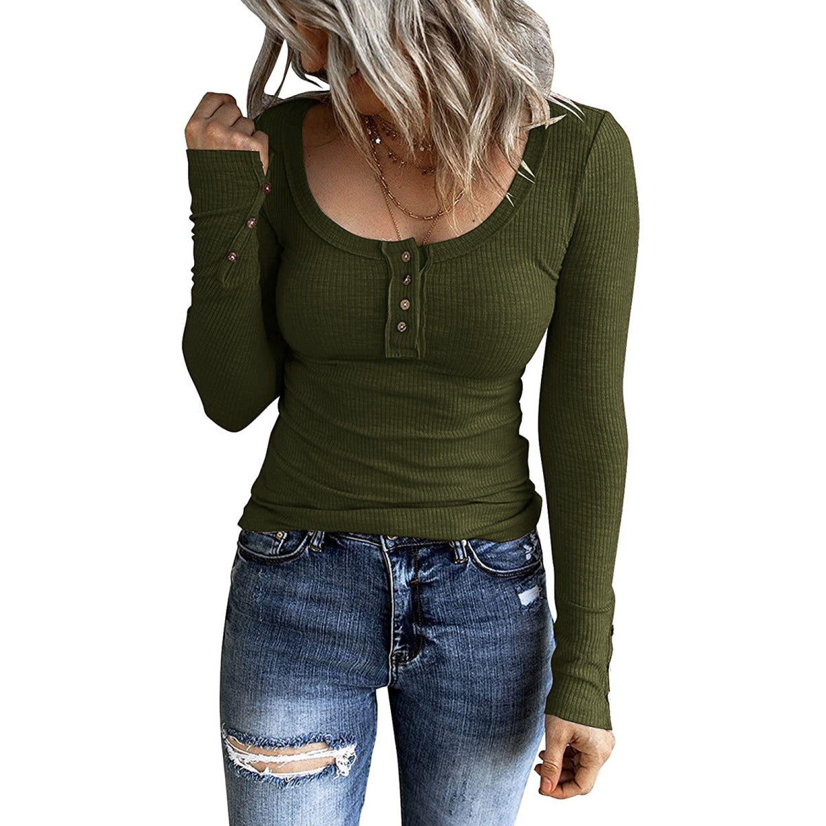 Women Fashion Solid Color Long Sleeve Blank T-Shirt