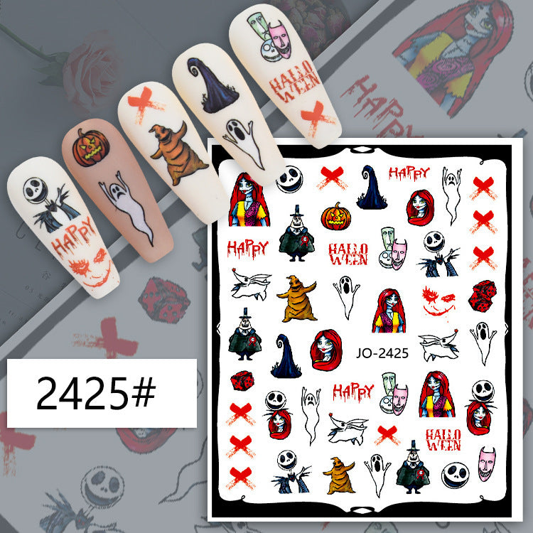 Autocollants pour ongles Halloween, motif crâne, citrouille, chat noir