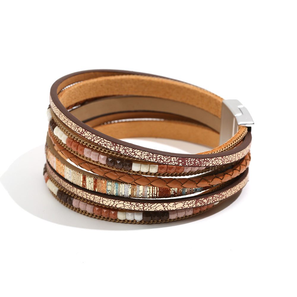 Pulsera bohemia de cuero multicapa con hebilla magnética