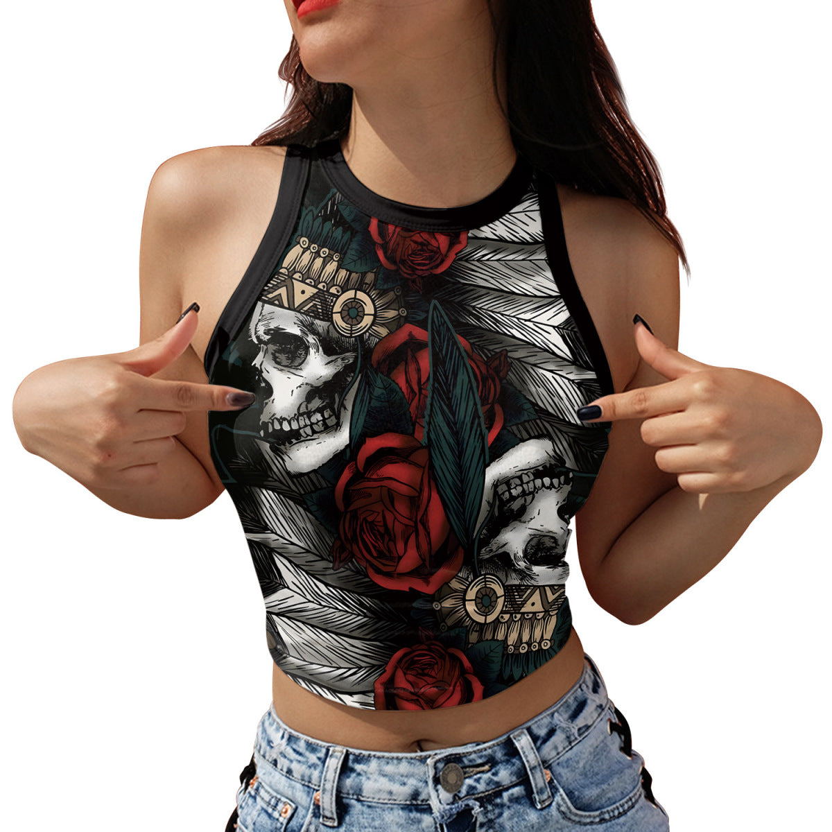Halloween Pumpkin Skull Print Crop Top for Women