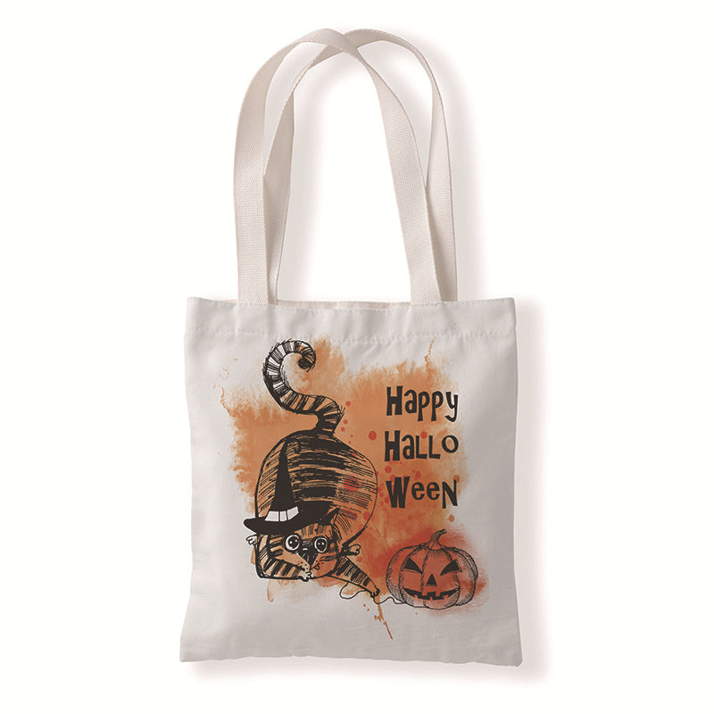 Bolsa de lona con dibujo de gato y calabaza de Halloween