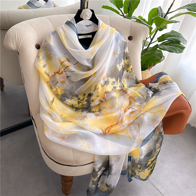 Summer Women Fashion Geometric Leaves Printed Silk Scarf