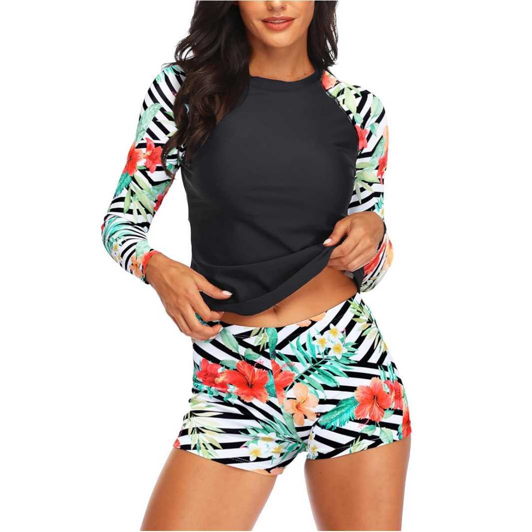 Women Casual Printed Long Sleeve Top and Swimming Trunks Set