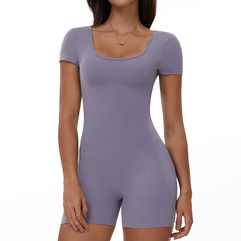 Women Solid Color Short-Sleeve Backless Yoga Rompers - Stylish and Comfortable Activewear