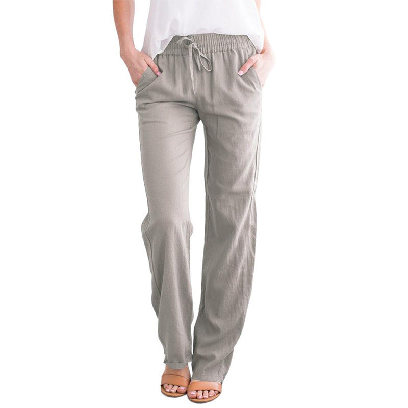Pantalones casuales de algodón y lino de color sólido para mujer