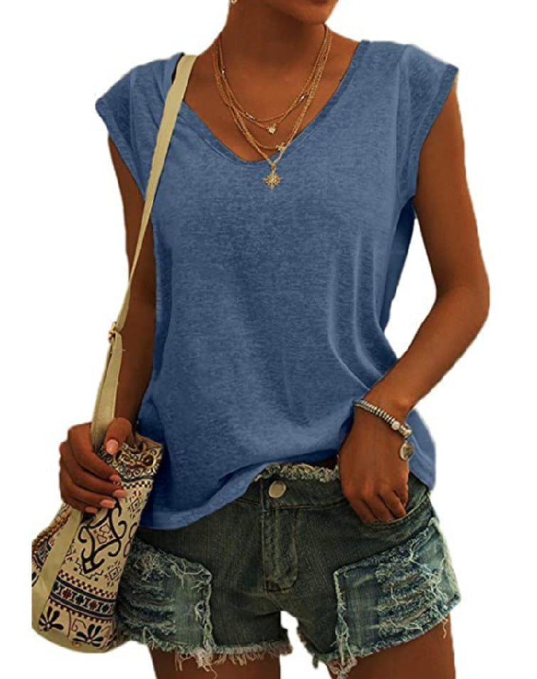 Summer Women Simple Solid Color V-Neck Blank T-Shirt